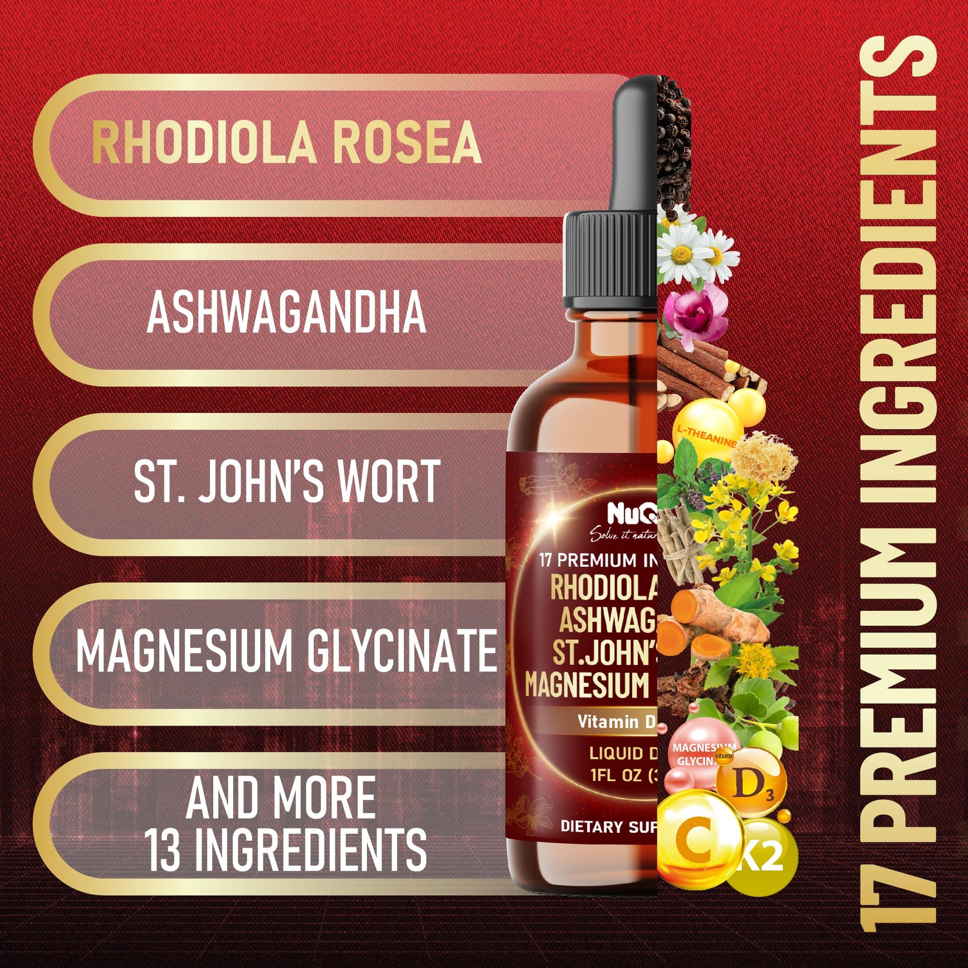 NUQIIT 17in1 Rhodiola Rosea Liquid Drops Tincture w/Ashwagandha Magnesium, L-Theanine. Ultra Rhodiola Cortisol Supplement, Rhodiola Root for Mood, Energy - 1 FL Oz - 60 Day Supply NUQIIT Au supplements