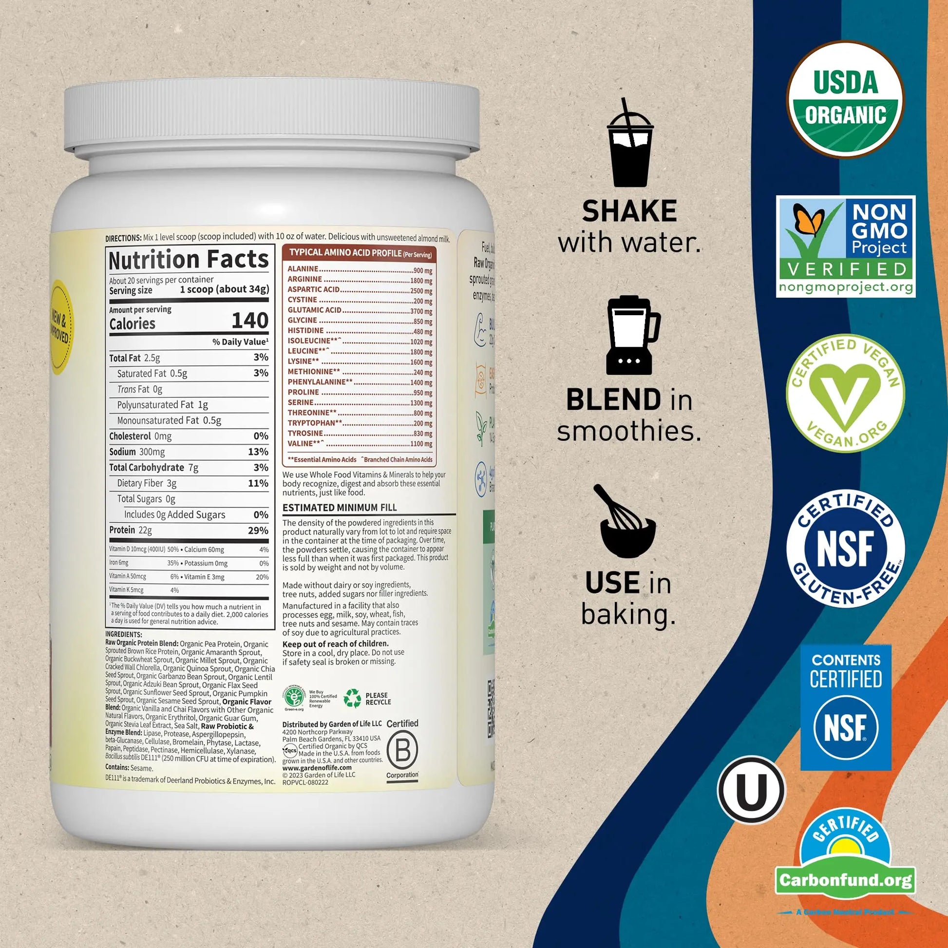 Garden of Life, Organic Vegan Vanilla Chai Protein Powder -22g Complete Plant Based Raw Garden of Life Au supplements