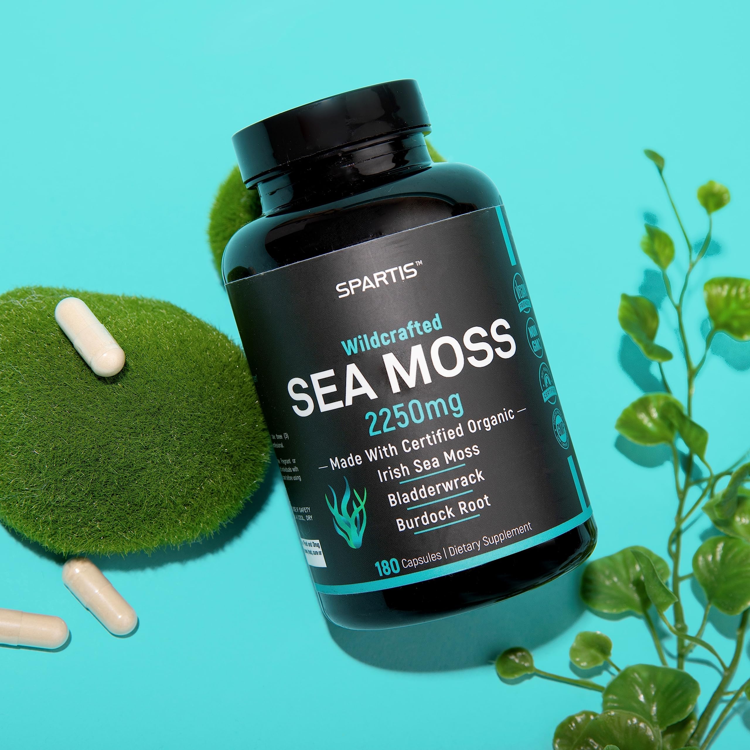 SPARTIS Certified Organic Sea Moss Capsules 2250mg Wildcrafted Irish Sea Moss Burdock Root Bladderwrack Supplement Raw Seamoss Pills & Powder (Pack of 1 at 180-Caps) SPARTIS Au supplements