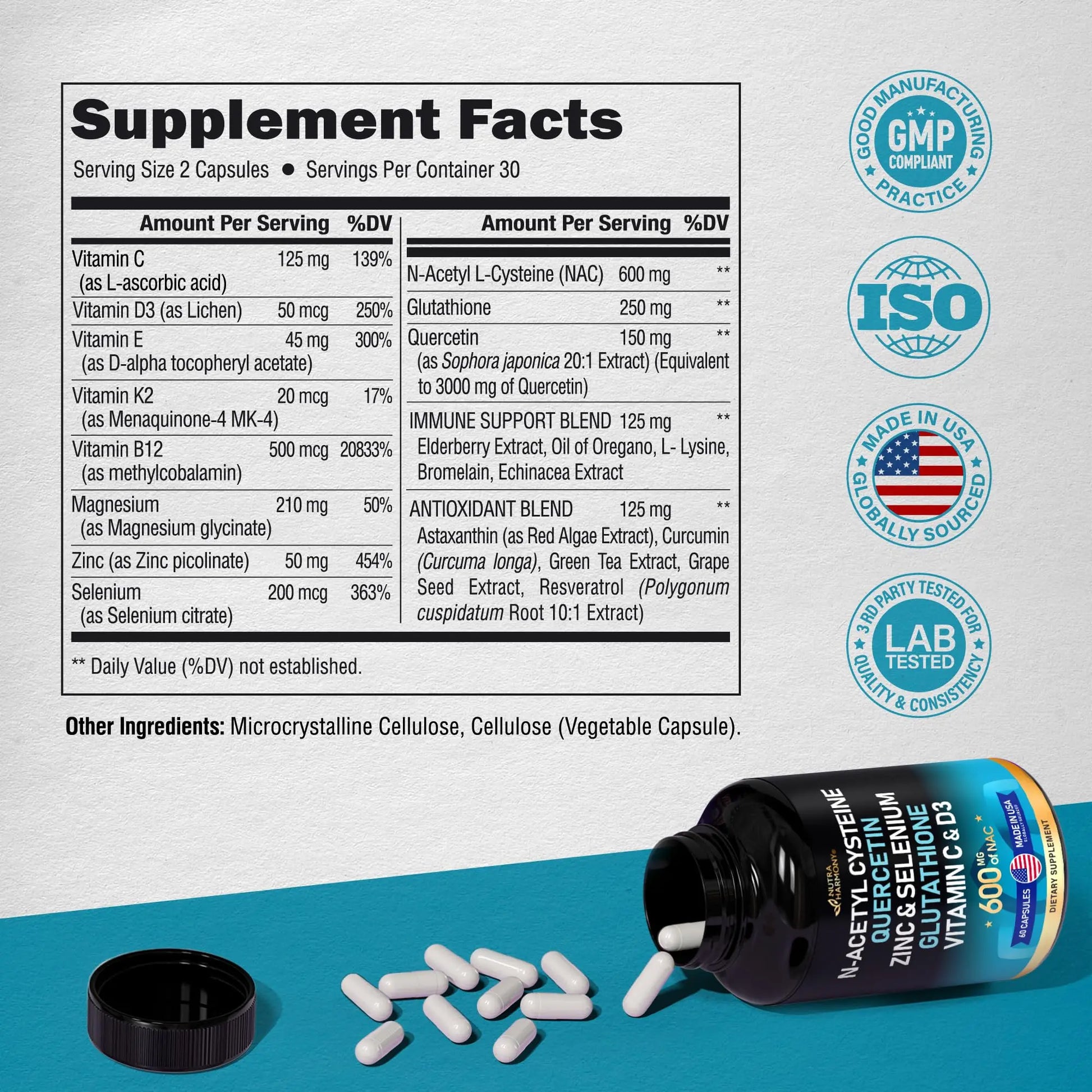 NAC 600 mg Supplement | Quercetin | Zinc | Glutathione | Selenium | Vitamin C & D3 NUTRAHARMONY Au supplements