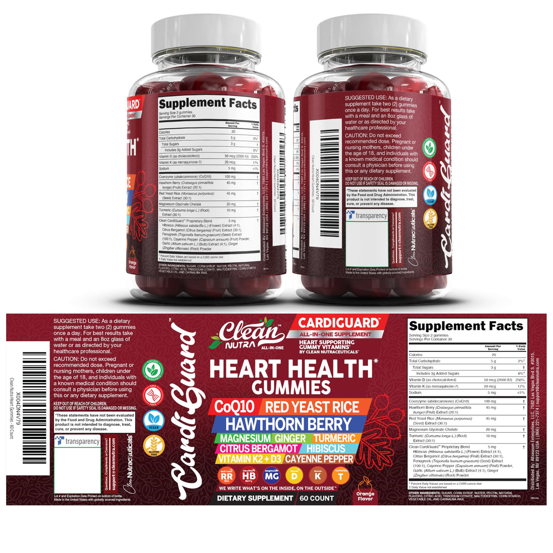 Clean Nutraceuticals Coq10 Gummies | Red Yeast Rice Hawthorn Berry Ginger Turmeric Citrus Bergamot Hibiscus Vitamin K2+D3 Magnesium Glycinate Cayenne Pepper Fenugreek Orange Flavor CardiGuard Clean Nutraceuticals Au supplements