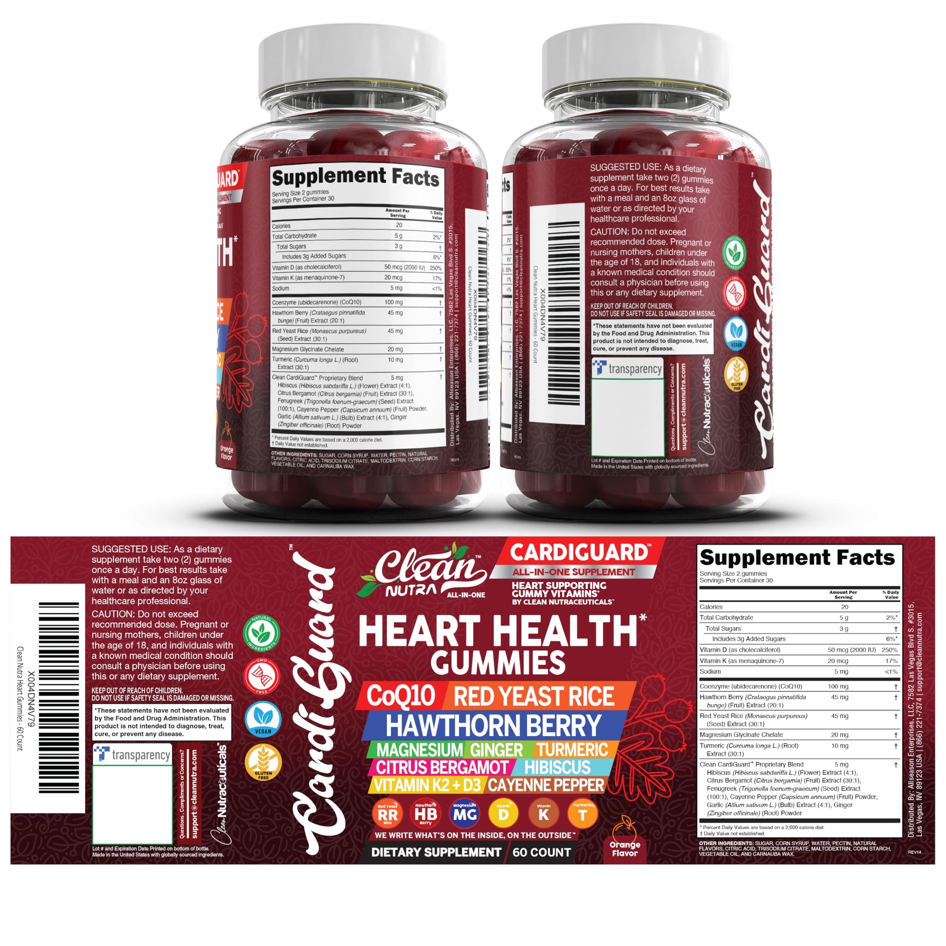 Clean Nutraceuticals Coq10 Gummies | Red Yeast Rice Hawthorn Berry Ginger Turmeric Citrus Bergamot Hibiscus Vitamin K2+D3 Magnesium Glycinate Cayenne Pepper Fenugreek Orange Flavor CardiGuard Clean Nutraceuticals Au supplements