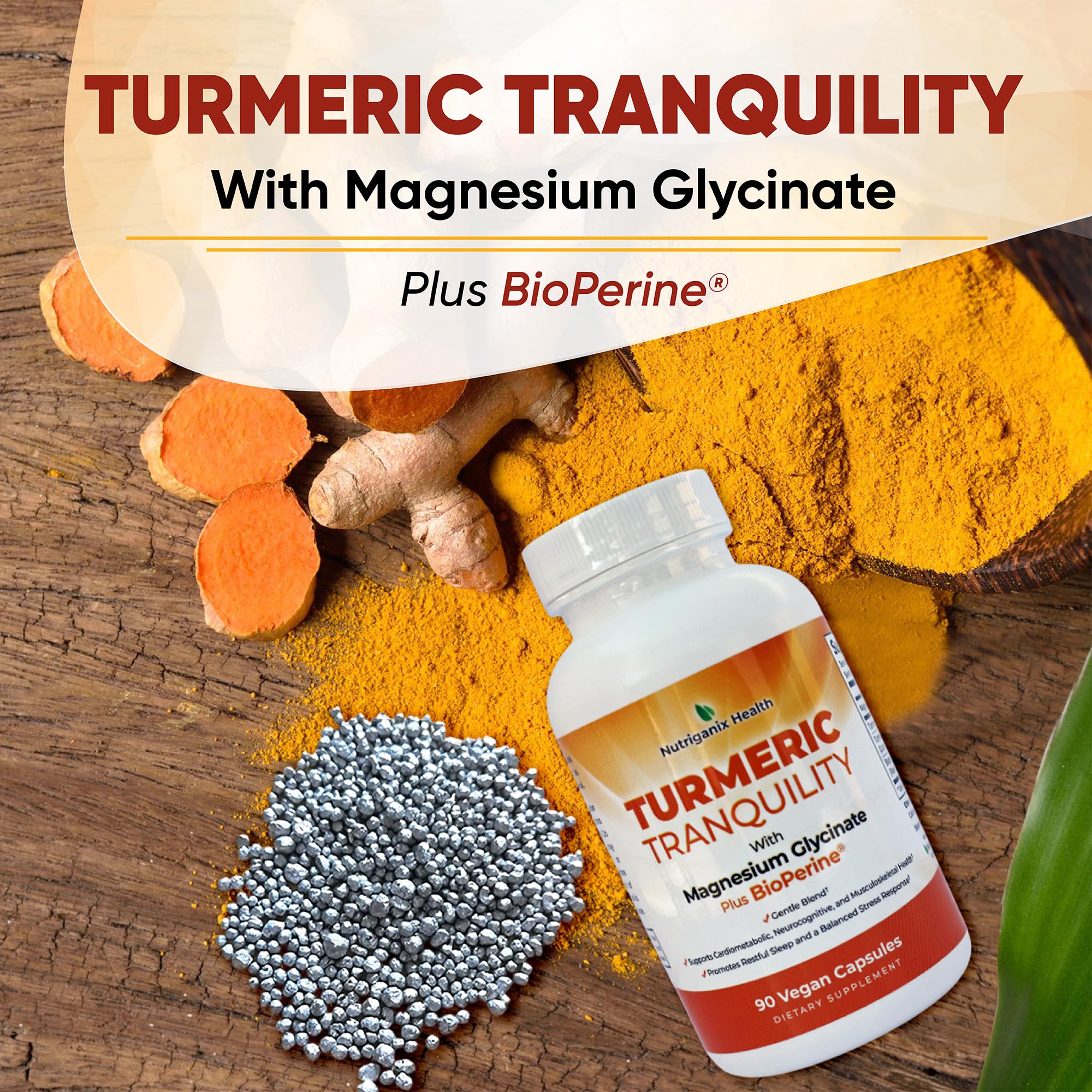 Turmeric Tranquility Turmeric Curcumin & Magnesium Glycinate with BioPerine – Support for Stress Relief, Sleep, Heart Health, Muscles, Metabolism, and Joint Health* - High Absorption - 90 Capsules (1) Nutriganix Au supplements
