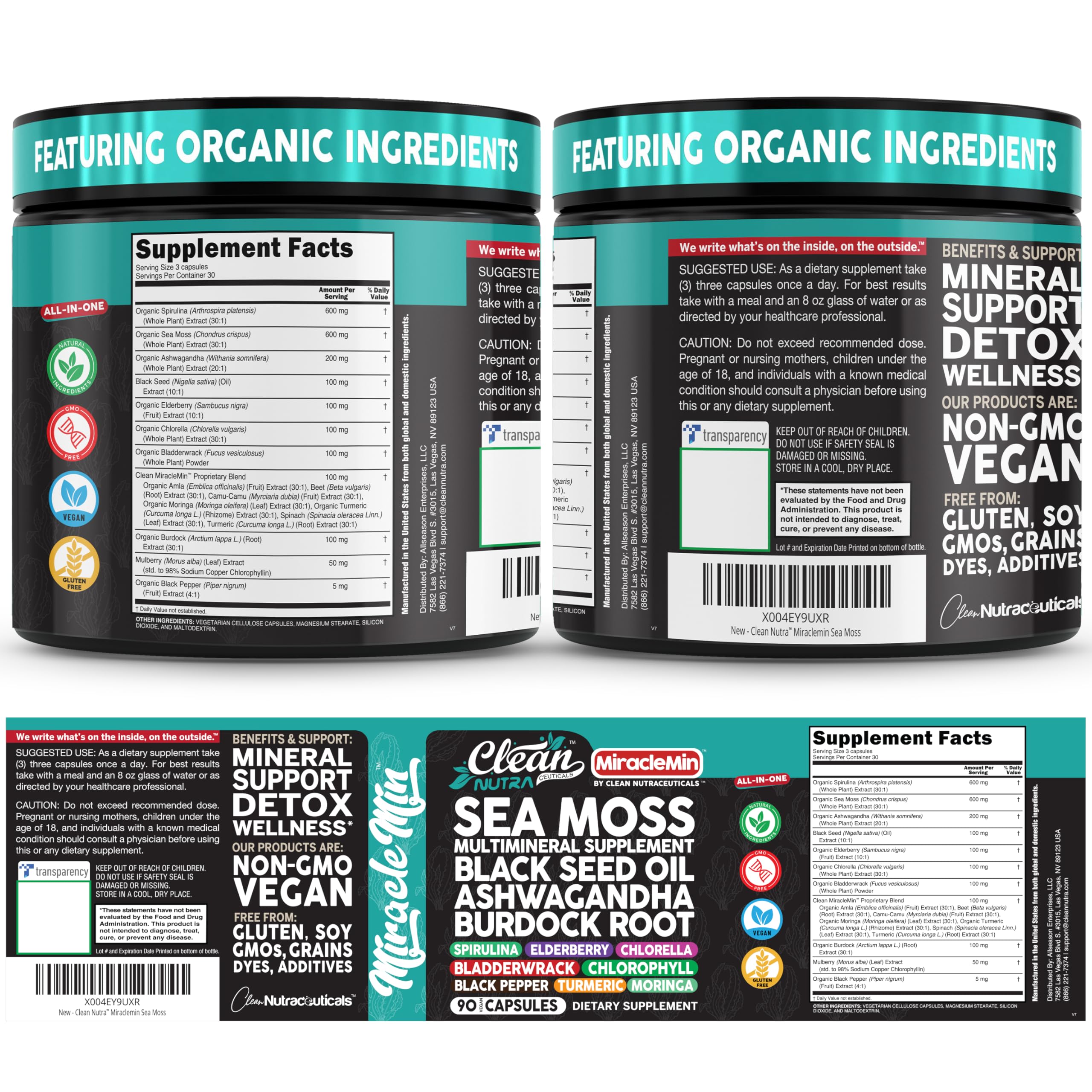 Clean Nutra Organic Sea Moss Capsules with Ashwagandha, Black Seed Oil, Burdock Root, Bladderwrack, Moringa, Chlorella, Spirulina, Turmeric, Elderberry, Amla – 90 Vegan Capsules – MiracleMin Clean Nutraceuticals Au supplements