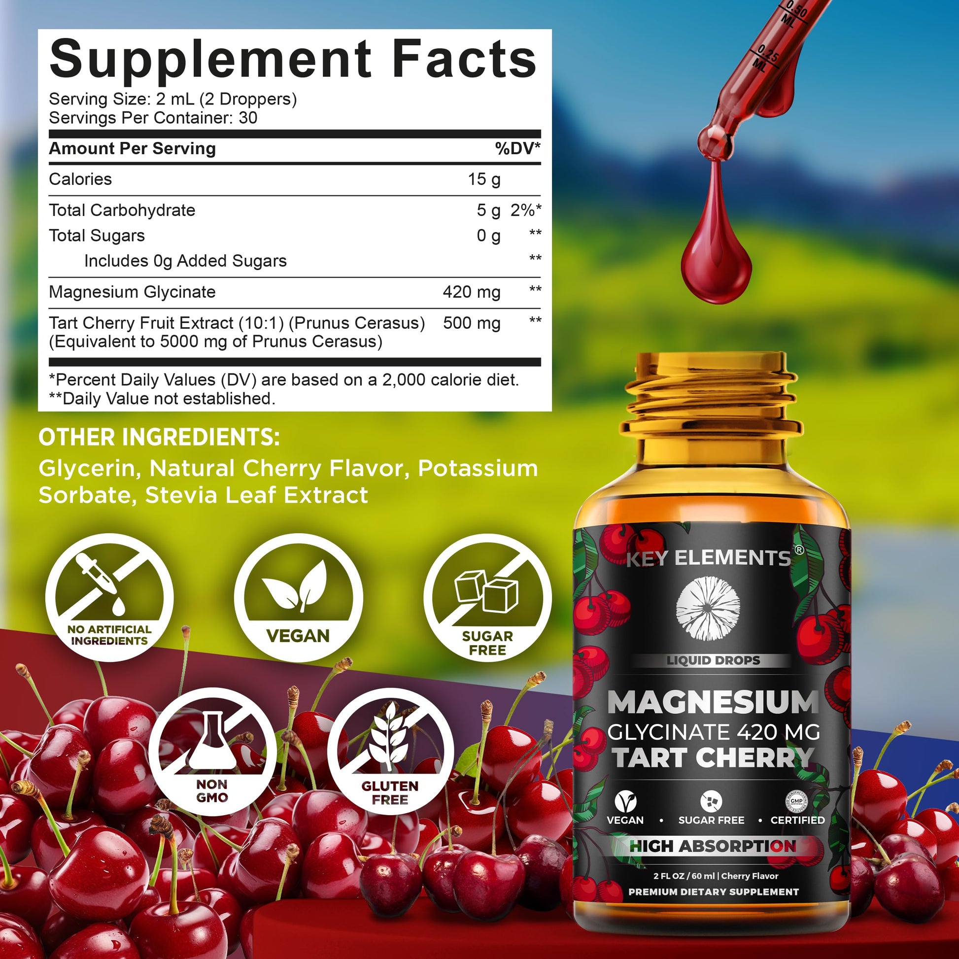 Liquid Magnesium Glycinate 420 Mg with Natural Tart Cherry Extract | Magnesium Glycinate Drops Supplement for Sleep, Mood & Mobility Support | Tart Cherry Extract KEY ELEMENTS Au supplements