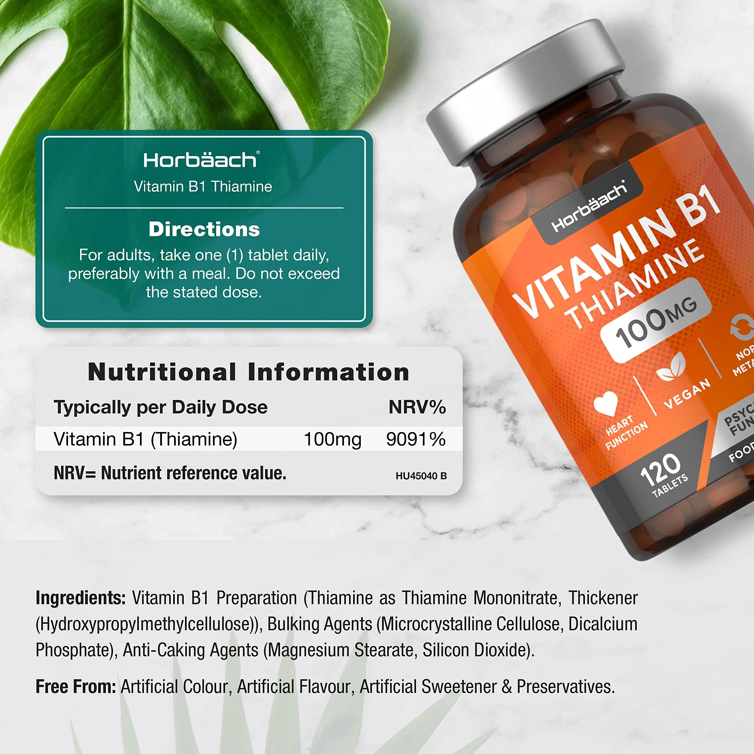 Vitamin B1 Thiamine High Strength 100mg | 120 Vegan Tablets | No Artificial Horbäach Au supplements