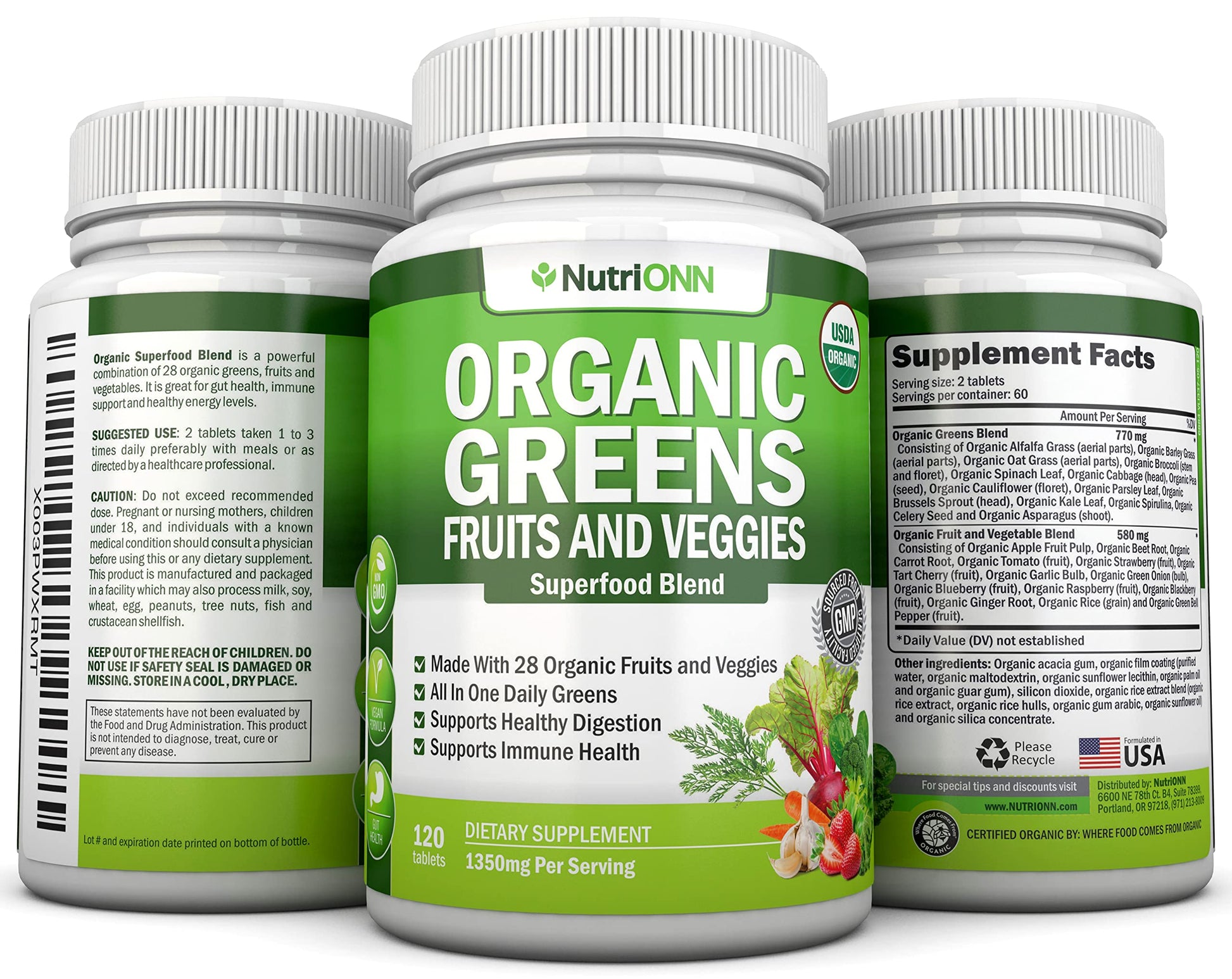 Organic Super Greens Capsules - Fruit And Vegetable Supplements - 120 Count - 28 USDA Organic & Vegan Premium Ingredients - Superfood Blend For Immune Health, Digestion & Energy - Whole Food Vitamins NutriONN Au supplements