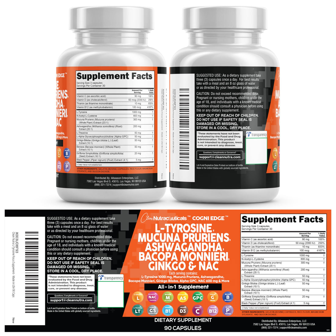 Clean Nutraceuticals L Tyrosine Mucuna Pruriens Bacopa Monnieri Ashwagandha Focus Supplement w/N-Acetyl Cysteine NAC 5-HTP Ginkgo Biloba Alpha GPC Vitamin C D B1 B12 Clean Nutraceuticals Au supplements