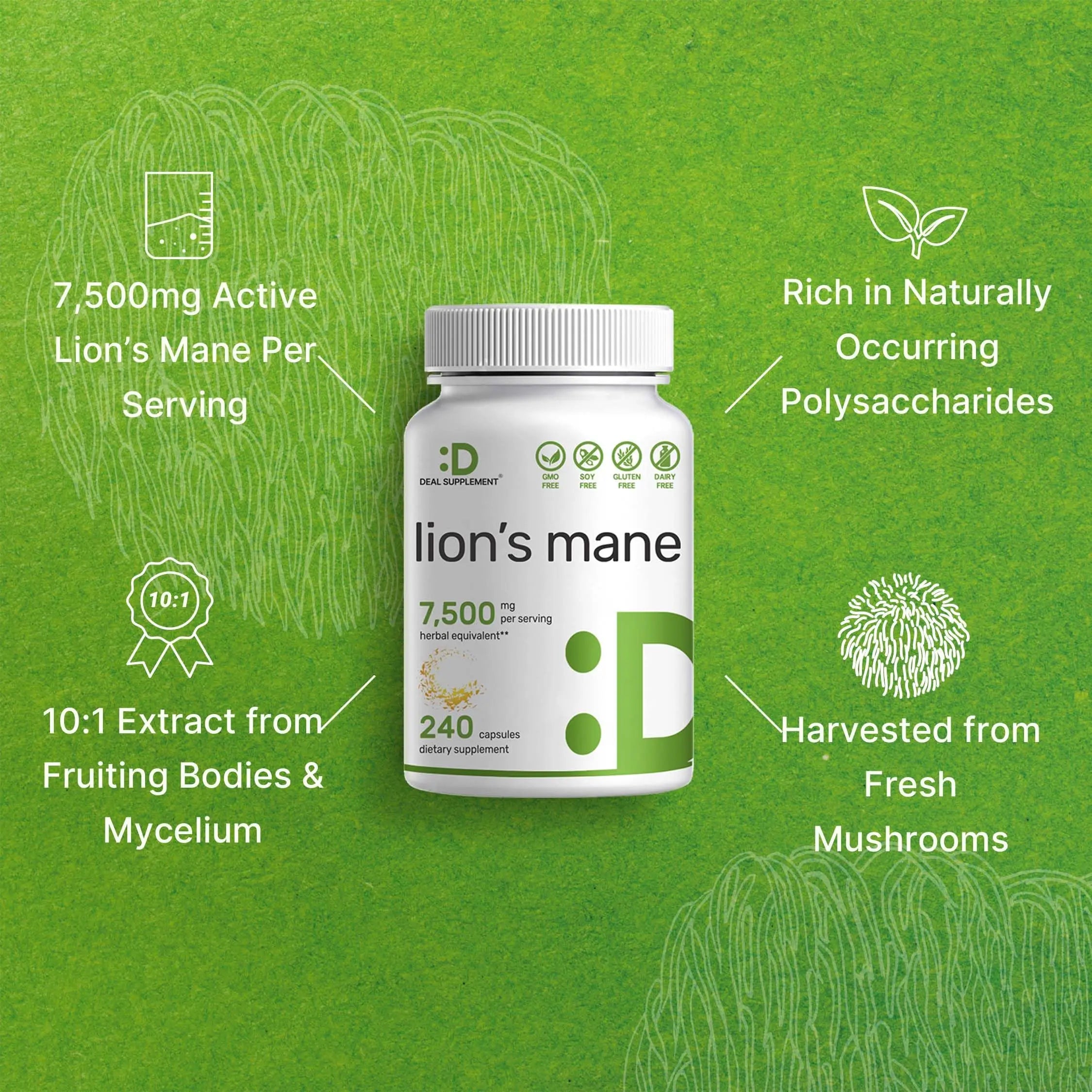 Lions Mane Mushroom Supplement, 7,500mg Per Serving, 240 Capsules – Active Fruiting DEAL SUPPLEMENT Au supplements