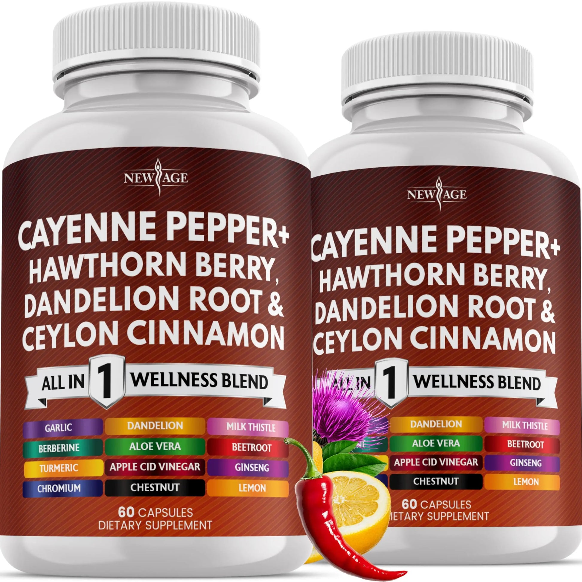 NEW AGE Cayenne Pepper Capsules Supplement with Hawthorn Berry, Dandelion Root, Ceylon Cinnamon, Garlic, Ginger, ACV, Milk Thistle, Beet Root, Aloe Vera - 120 Count NEW AGE Au supplements