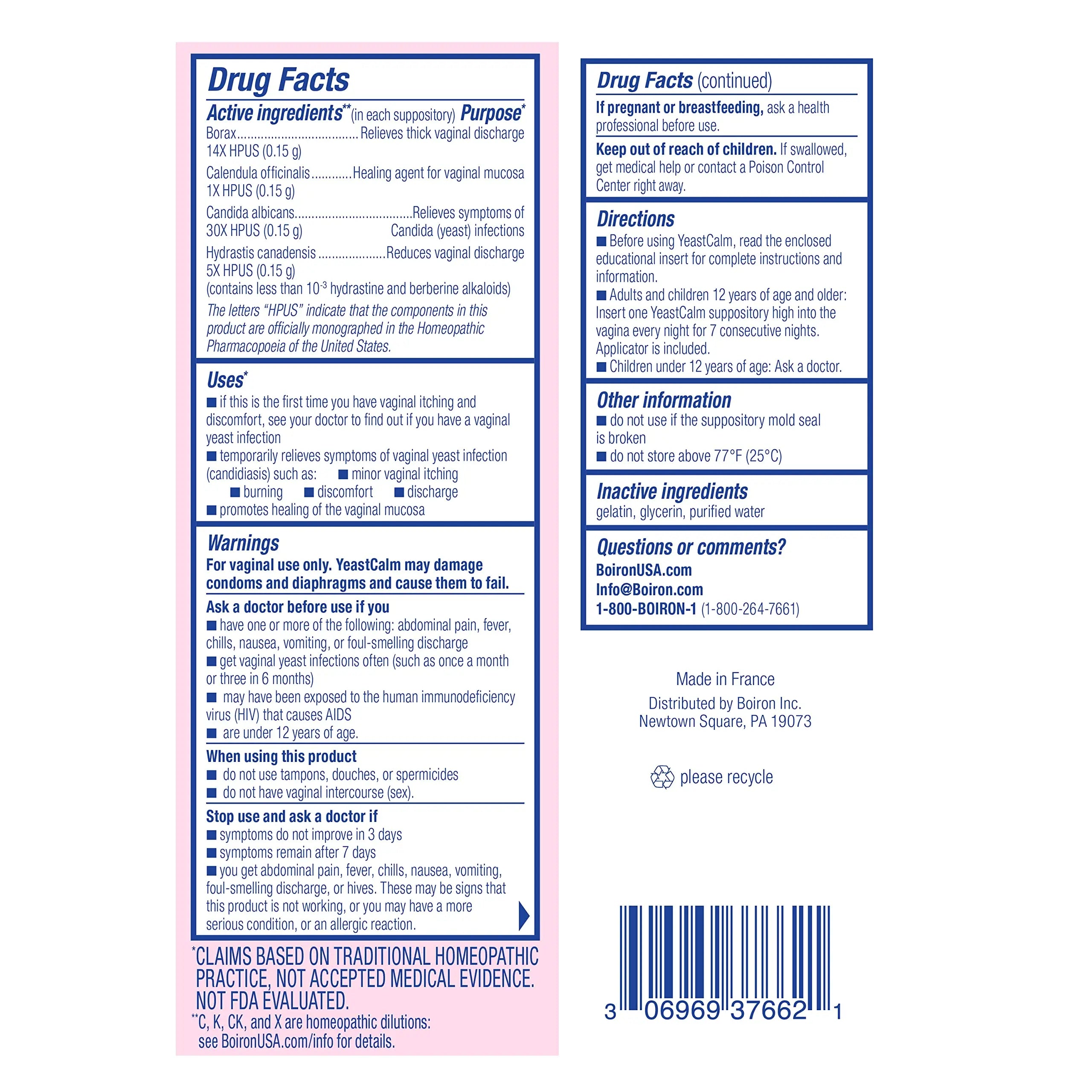 oiron YeastCalm Homeopathic Suppositories for Yeast Infections, Burning, Discharge Boiron Au supplements