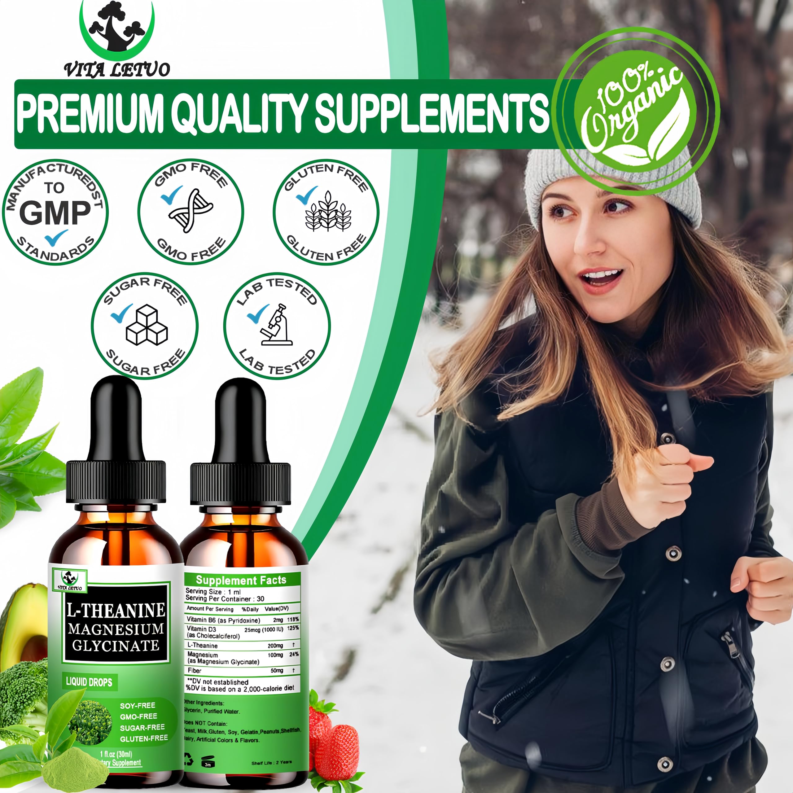 L Theanine Drops, Liquid L-Theanine Supplement 200mg w/Magnesium Glycinate,Vitamins,Fiber for Relaxation,Sleep,Digestion, Calm,High Absorption Mood Support for Adults & Kids,Plant Based,Non-GMO Vita letuo Au supplements
