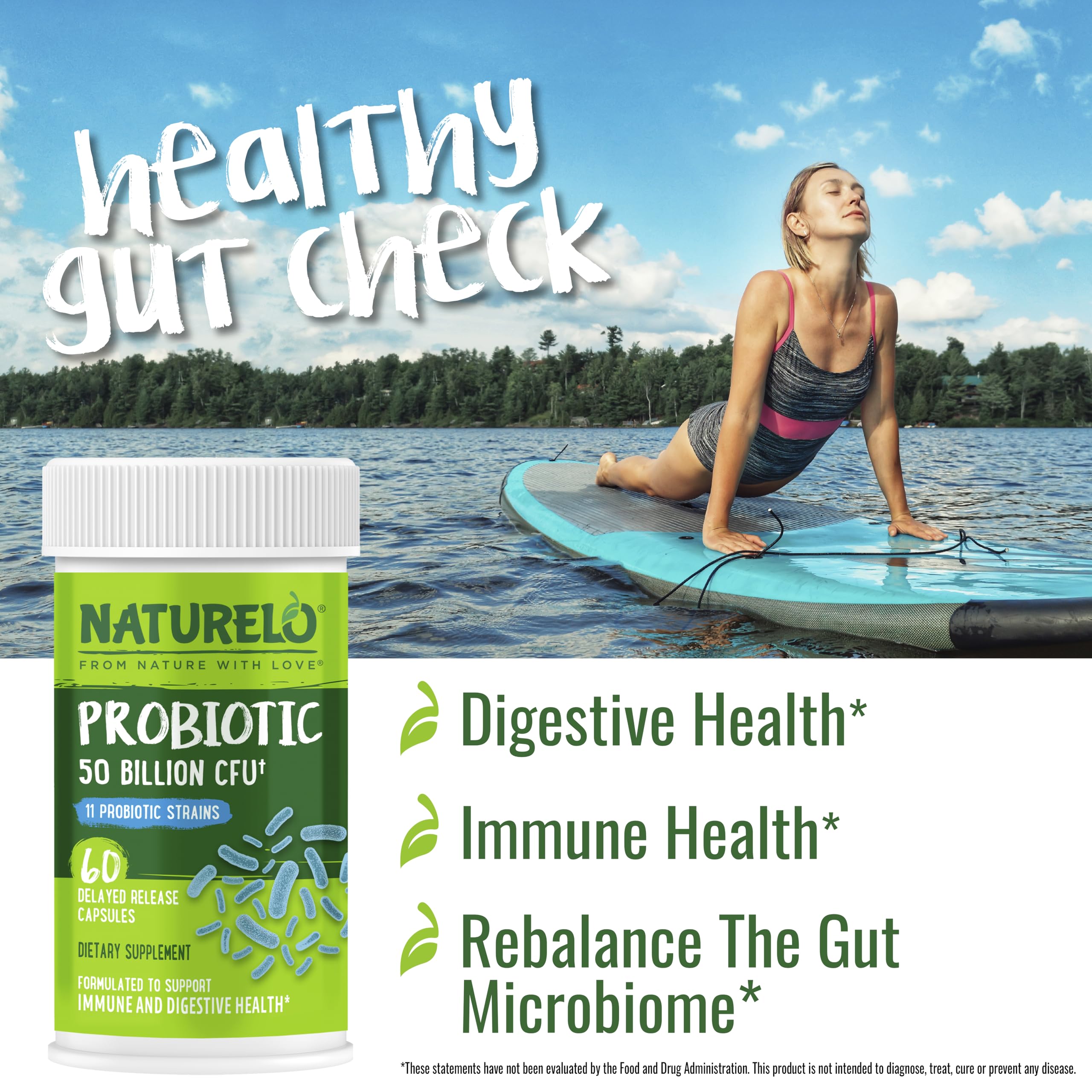 NATURELO Probiotics for Digestive Health - 50 Billion CFU, 11 Strains, Daily Use Supplement - Boosts Immune System, Delayed Release,
