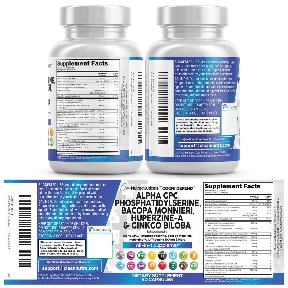 Brain Supplement Alpha GPC 300mg Phosphatidylserine Bacopa Monnieri Ginkgo Biloba Lions Mane Huperzine A L-Theanine NAC Nootropic Memory Focus Cognitive Support Vitamins B C D E 60 Capsules USA Clean Nutraceuticals Au supplements
