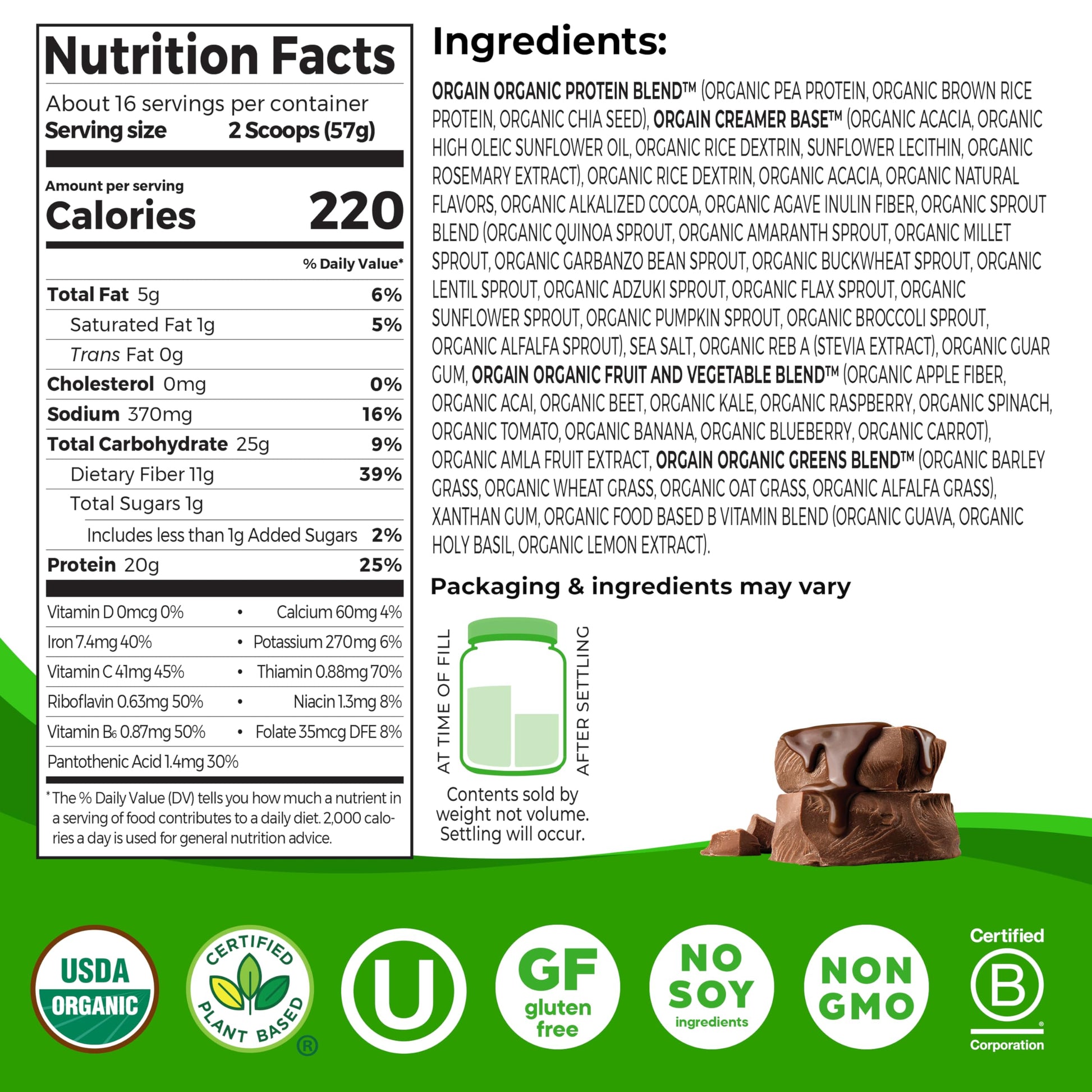 Orgain Organic Vegan Meal Replacement Protein Powder, Creamy Chocolate Fudge - 20g Plant Based Protein, Gluten Free, Dairy Free, Lactose Free, Soy Free, No Sugar Added, Orgain Au supplements
