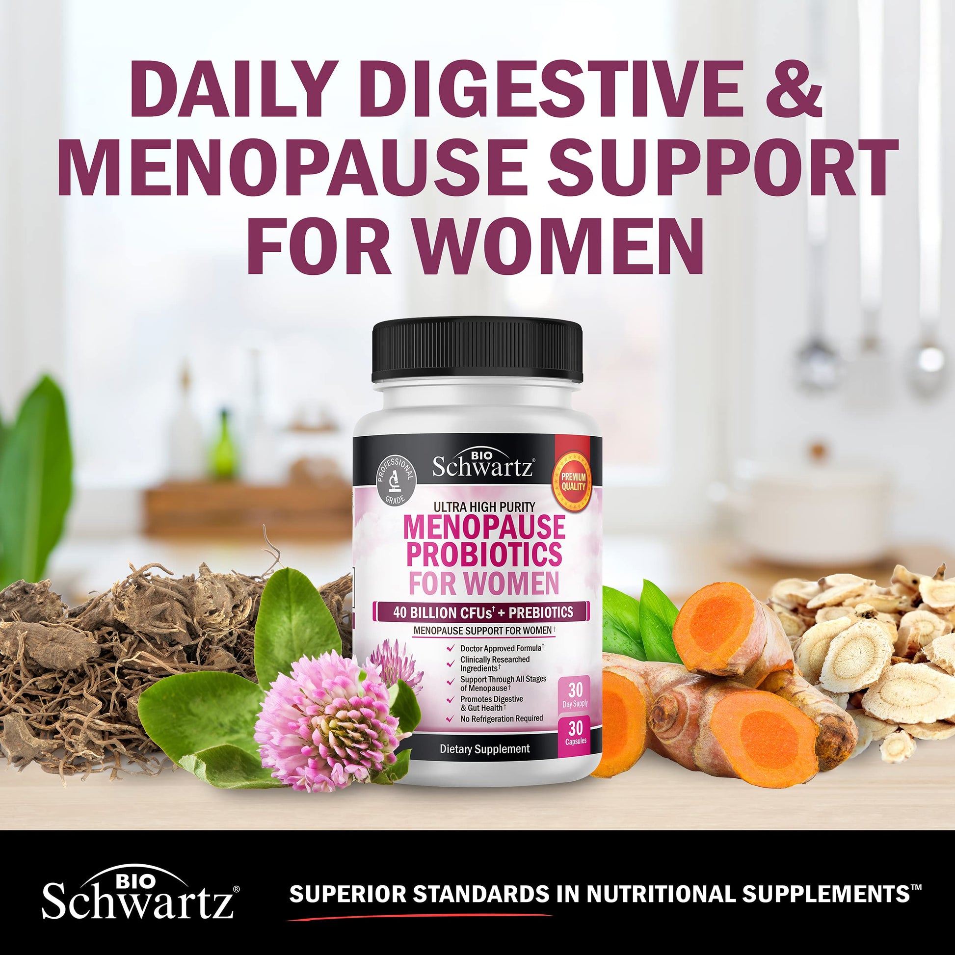 Menopause Supplements for Women - 40 Billion CFU Menopause Probiotics for Women - Support for Hot Flashes Night Sweats Mood Swings and Balance - Non-GMO, 30 Easy-Swallow Capsules, 30 Servings BioSchwartz Au supplements