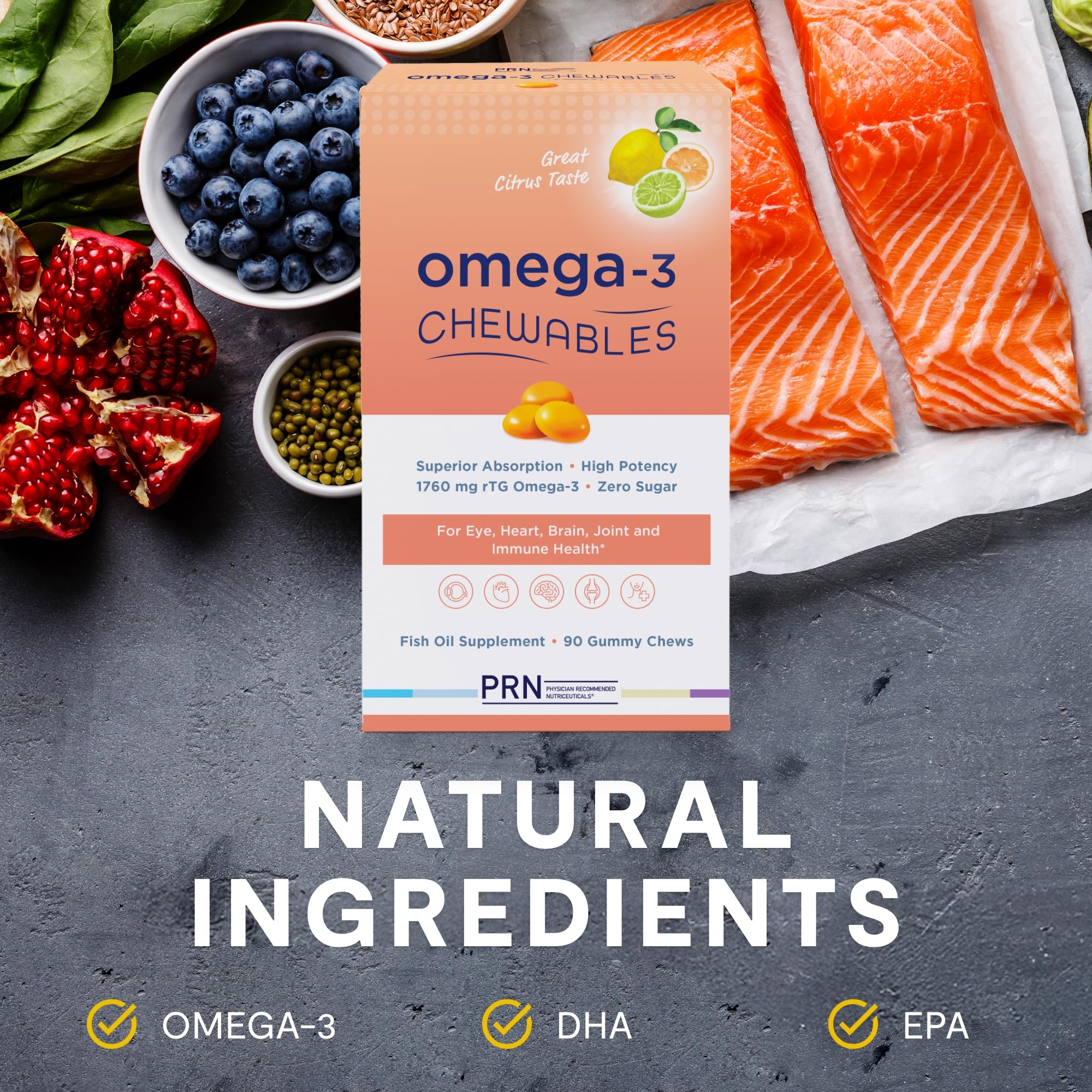 Omega 3 Gummy Chewables - 90 Gel Chews, 30-Day Supply, Citrus Flavor - 1760mg Ultra-Pure rTG Omega 3 for Eye, Heart, Brain, Joint & Immune Health PRN Physician Recommended Nutriceuticals Au supplements