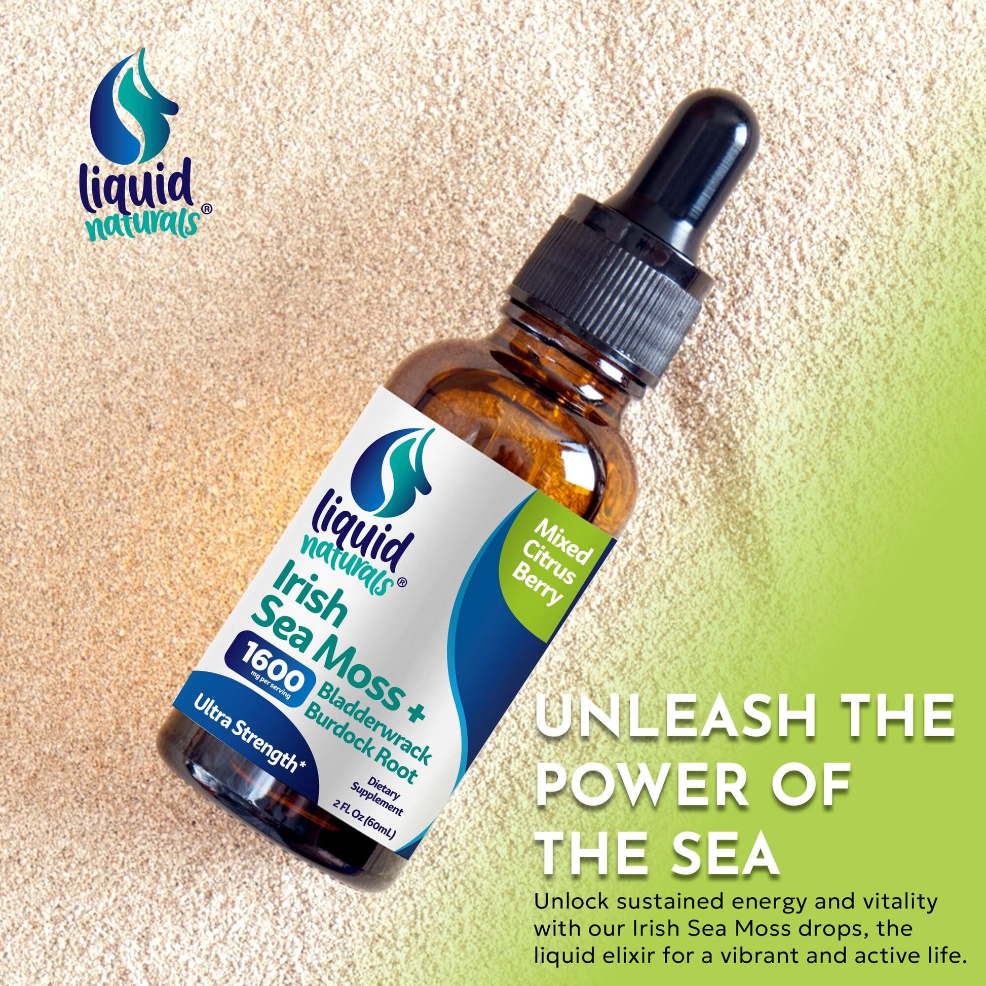 Liquid Naturals Irish Sea Moss Drops - Citrus Berry Flavor - 92+ Essential Minerals & Vitamins - Energy, Skin, Gut, Recovery - Bladderwrack and Burdock Root - 2 fl. oz Liquid Naturals Au supplements