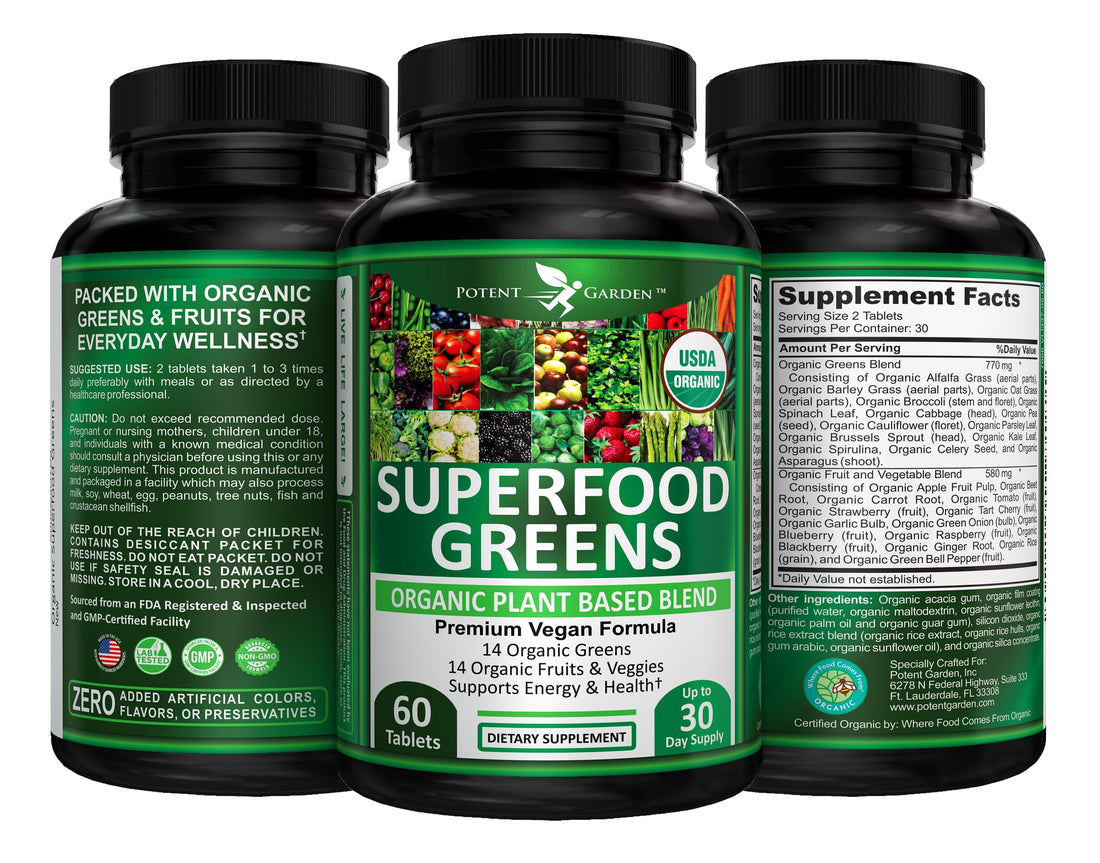 Potent Garden Organic Superfood Greens, Fruit and Veggies Supplement Rich in Vitamins & Antioxidants with Alfalfa, Beet Root & Tart Cherry to Boost Energy, Immunity & Gut Health, Greens Tablets 60 Ct Potent Garden Au supplements