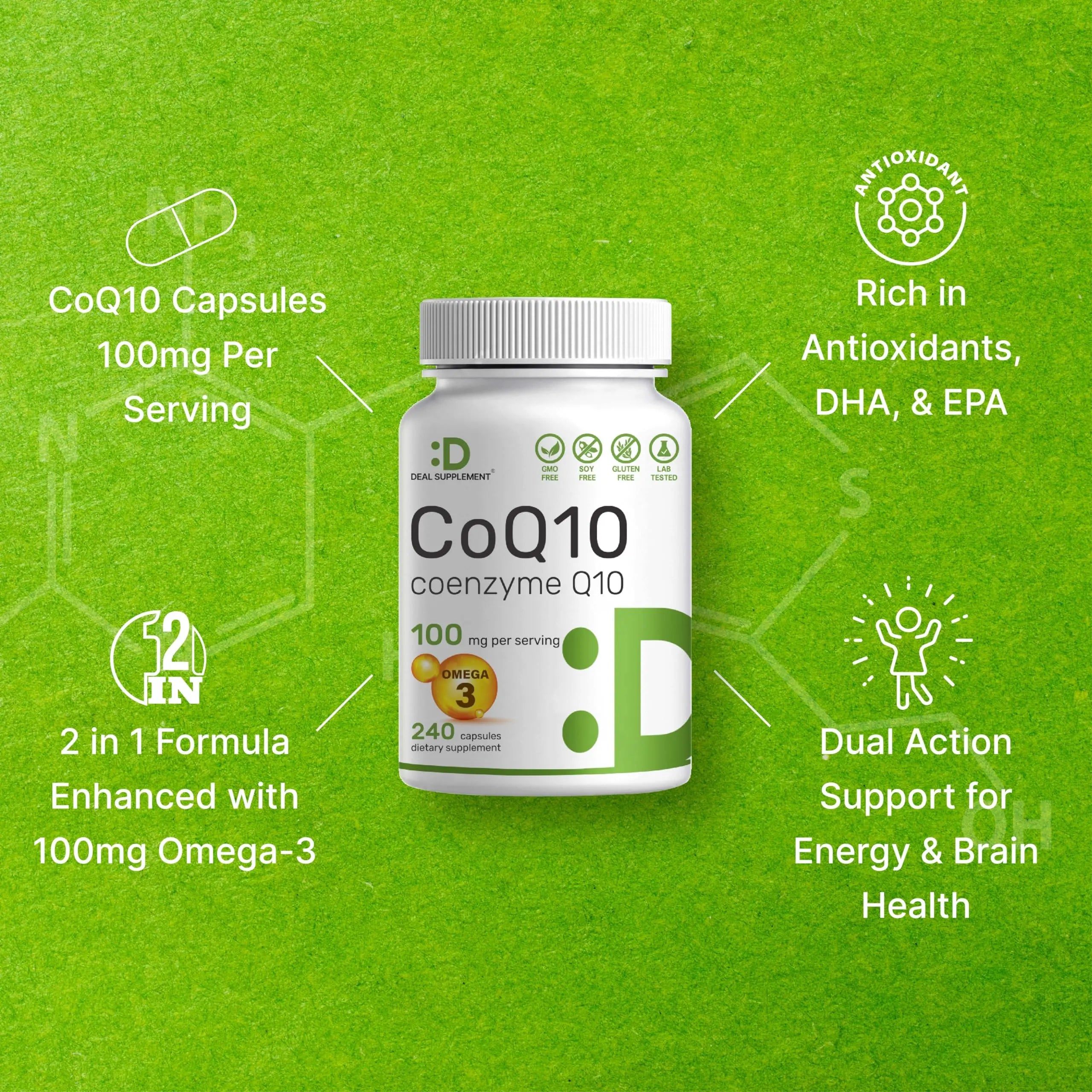 CoQ10 100mg, 240 Capsules – with Omega 3 Fatty Acid 100mg – Bioavailable Coenzyme DEAL SUPPLEMENT Au supplements